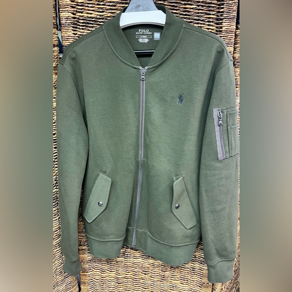 Polo by Ralph Lauren- Double Knit Mens Olive Green Bomber Sweatshirt - Medium